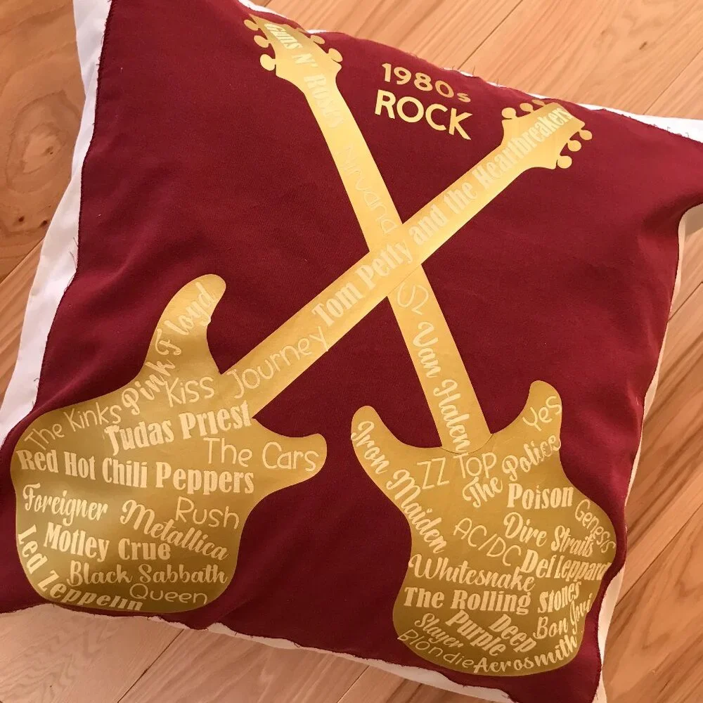 Handmade Pillow Cover, 1980s Rock Bands Guitars Music Room Decor 18 x 18 inches